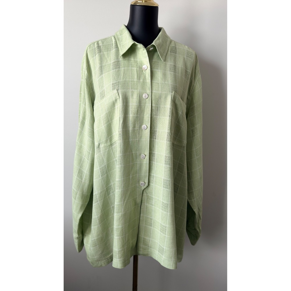 Coldwater Creek Womens 3X Green Plaid Linen Blend Button Up Shirt Italian Fabric